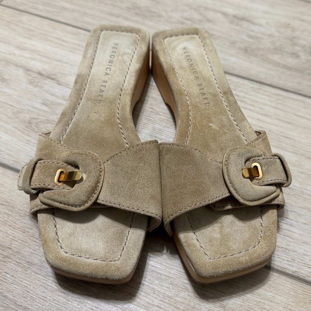 Veronica Beard Beige Suede Buckle Slide Mules